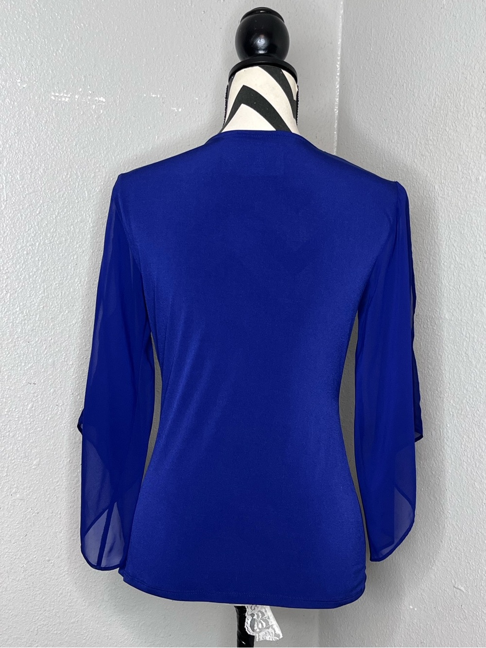 Royal Blue Sheer Bell-Sleeve V-Neck Faux Wrap Cocktail Evening Blouse Sz S - Picture 2 of 16